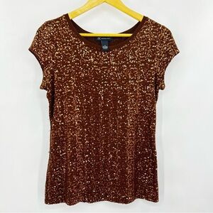 INC International Concepts Chocolate Sequin Blouse Holiday New Years Size Medium